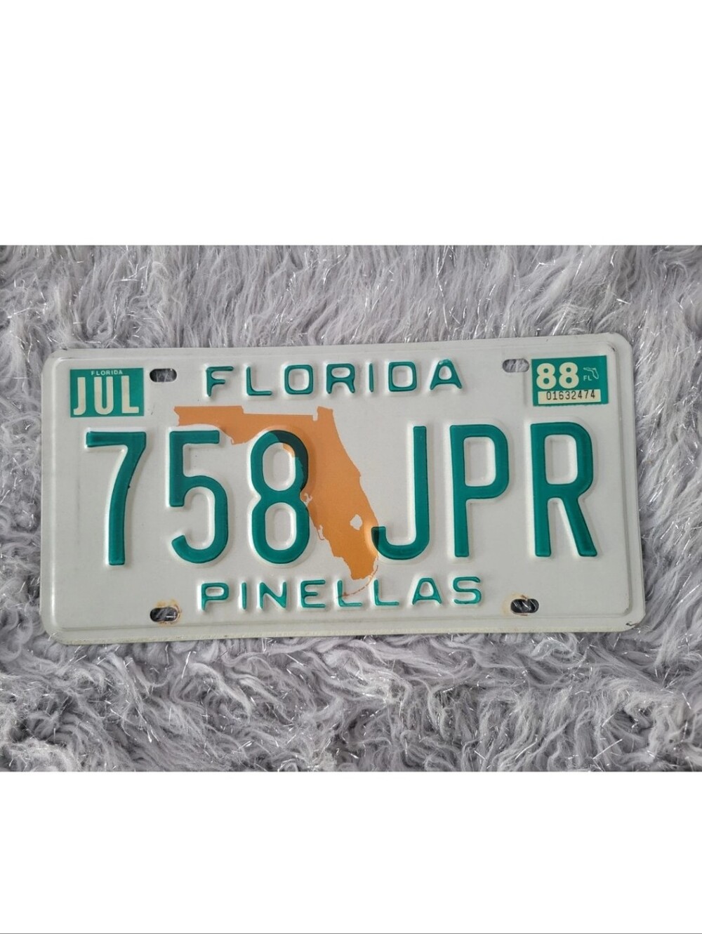 Vintage Florida License Plate 758 JPR Pinellas County Metal Tag OEM FL 1988 July